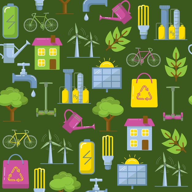 Вектор Бесшовный рисунок с энергетическими и экологическими символами