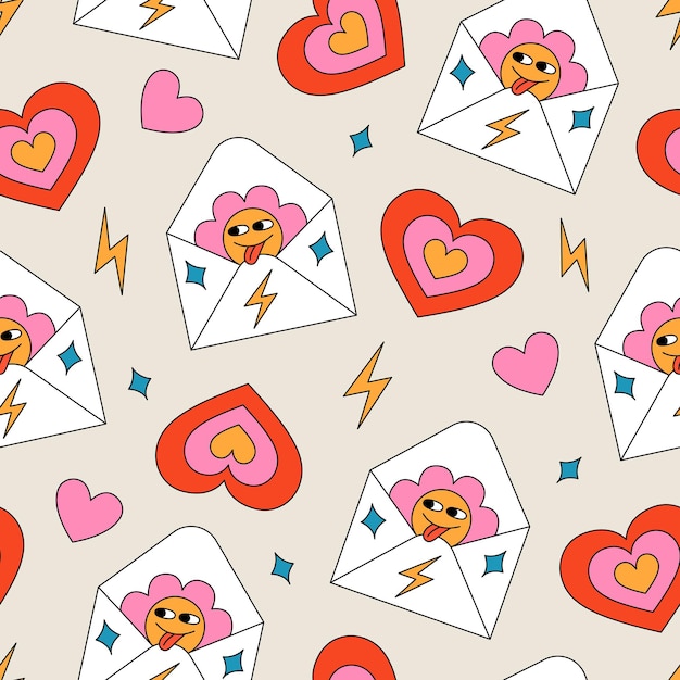 Seamless pattern with an envelope with a flower inside and hearts Love message concept Retro style
