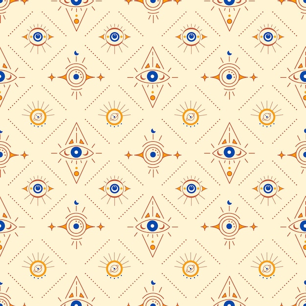 Vector seamless pattern with esoteric celestial symbol of evil eye with moon phases moon hamsa magical eye decor element vector illustration