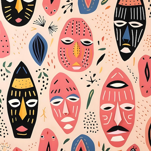 Seamless pattern with ethnic masks Hand drawn vector illustration