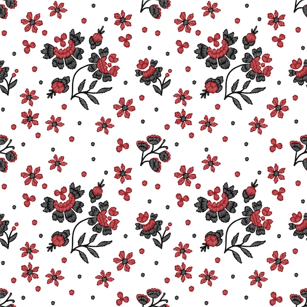 Seamless pattern with ethnic red and black floral elements based on ukrainian embroidery tradition