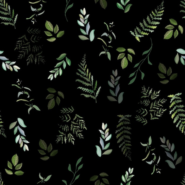 Seamless pattern with eucalyptus branches, fern and leaves.