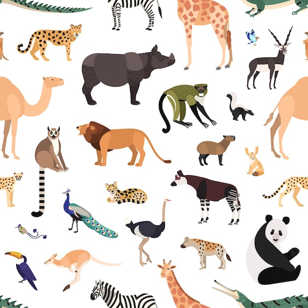 Vettore modello senza cuciture con animali esotici e uccelli su sfondo bianco. sfondo con fauna selvatica della giungla tropicale africana, savana e deserto. illustrazione vettoriale colorata in stile cartone animato piatto.