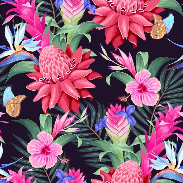 Vector seamless pattern with exotic flowers and leaves