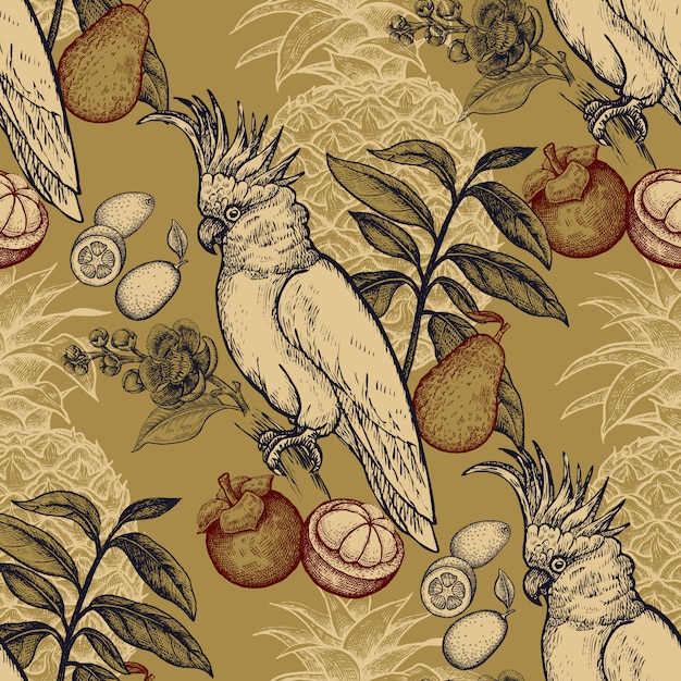 Seamless pattern with exotic fruit and cockatoo.