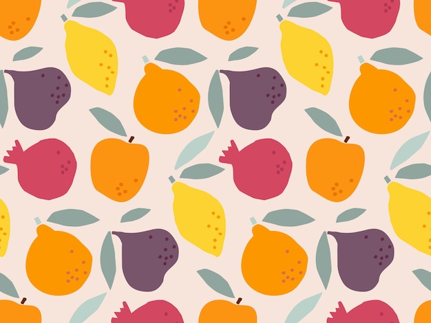 Seamless Pattern with exotic fruit with leaves hand drawn doodle sketch Repeated Flat vector