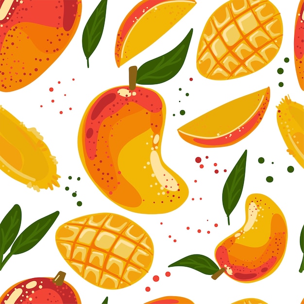 Seamless pattern with exotic fruits bright mangos of different sizes pieces and leaves