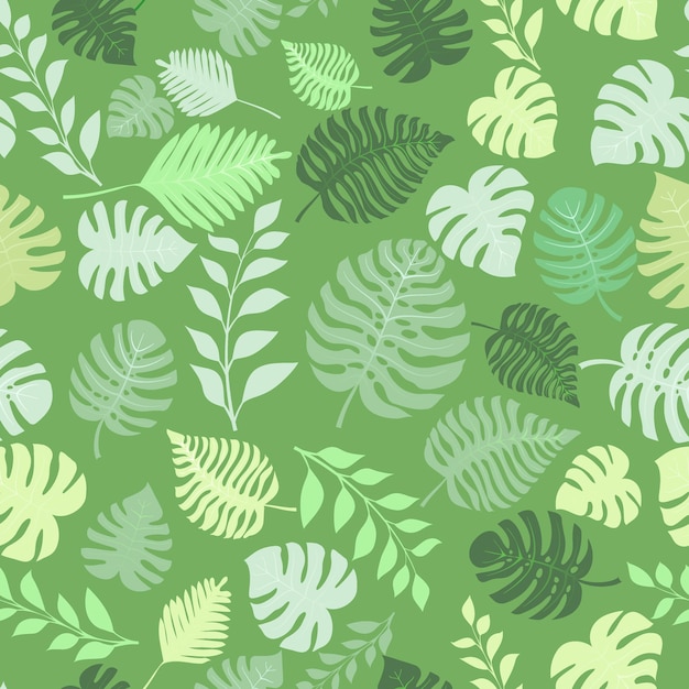 Seamless pattern with exotic jungle plants. Tropical palm leaves. Rainforest illustration, in green colors.