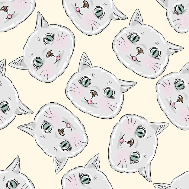 Seamless pattern with face cat Grey kitten on beige background with animal