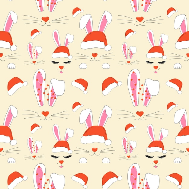 Seamless pattern with faces of a cute Christmas rabbits with a garland.Vector in cartoon style.