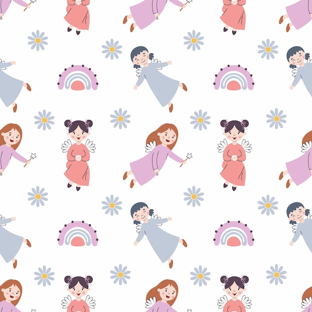 Vector seamless pattern with fairy endless wallpaper in nursery vector illustration with girl cute princess and rainbow