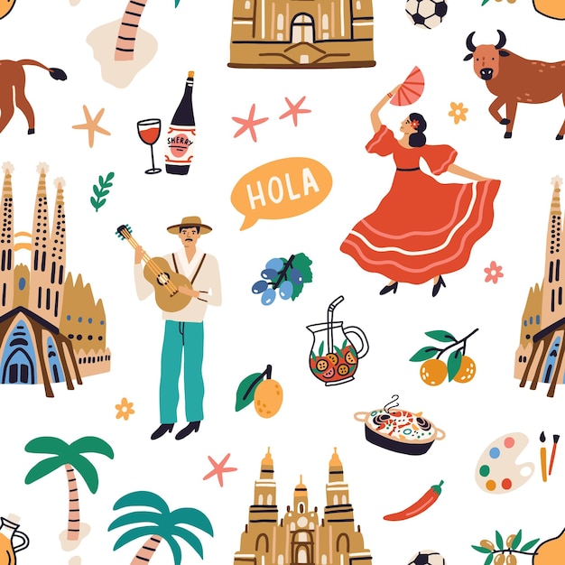 스페인 문화의 유명한 상징과 함께 완벽 한 패턴입니다. 스페인의 국가 건물, 댄서, 과일 및 음식으로 끝없이 반복 가능한 질감. 흰색 바탕에 색된 평면 벡터 일러스트 레이 션.