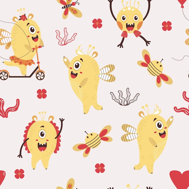 Vector seamless pattern with fantastic monsters cute yellow monsters girl on scooter and boy with hairdo