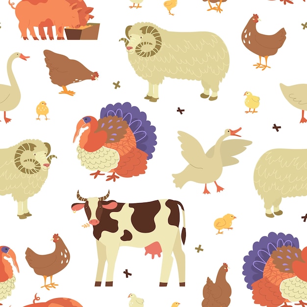 Seamless pattern with farm animals Geese hen cow pigs turkey chickens sheep