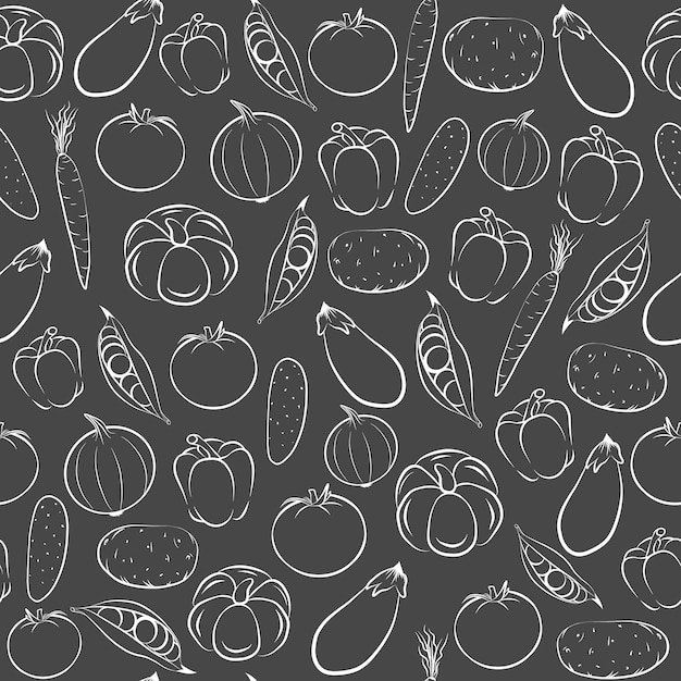 Seamless pattern with farm fresh vegetables food Isolated vector graphic illustration Cooking background in doodle outline drawing style Chalkboard template