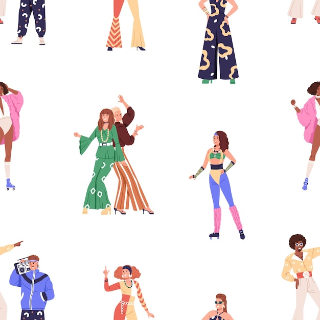 Vector seamless pattern with fashion people at retro disco party. 80s style background with men, women dancing to 1980s music, repeating print, texture design. flat vector illustration for decoration