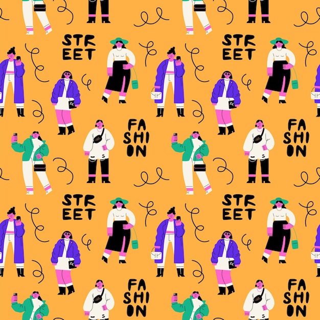 Бесшовный рисунок с модными стильными девушками Яркие женщины в одежде Орнамент для печати на f