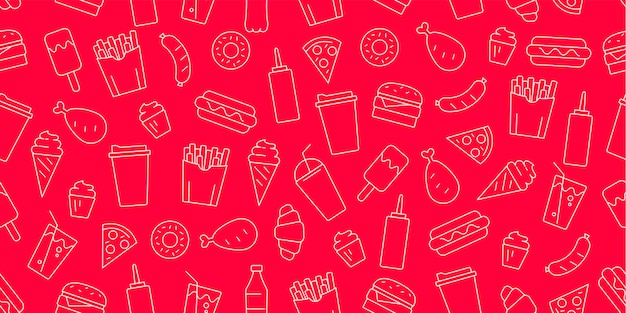 Seamless pattern with fast food and drinks icon texture thin line graphic white outline