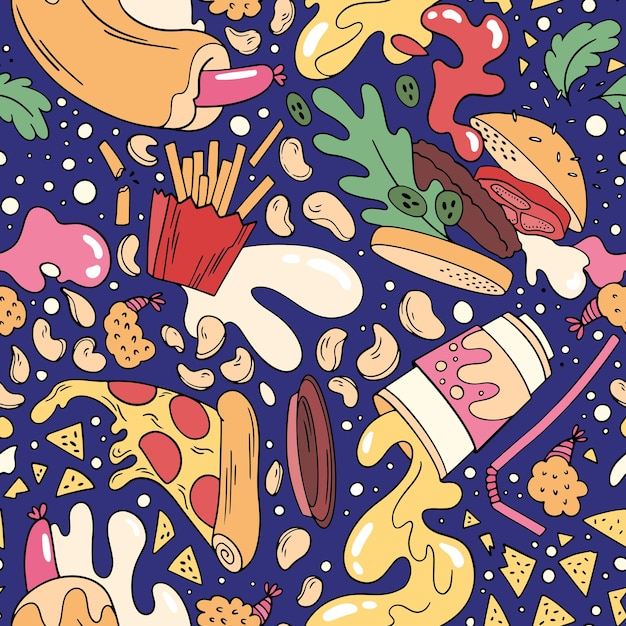 Vector seamless pattern with fast food flying in space sauce splashes in weightlessness