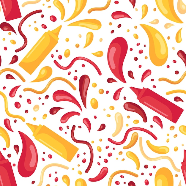 Seamless pattern with fast food and splashes of mustard and ketchup in plastic bottles for sauces