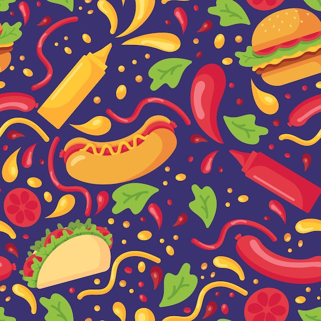 Seamless pattern with fast food and splashes of mustard and ketchup in plastic bottles for sauces