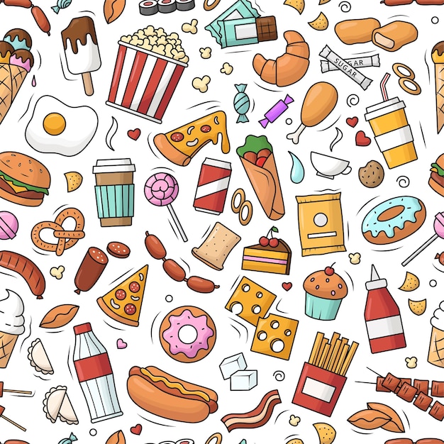 Seamless pattern with Fast food. Vector doodle illustration of burger, chocolate, popcorn in color.