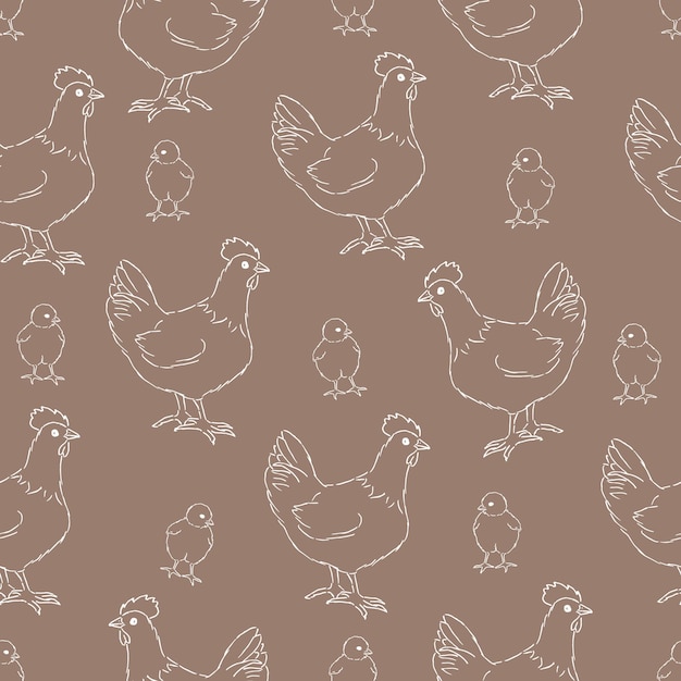 Seamless pattern with feathers and chickens with chick outline contour Agricultural background