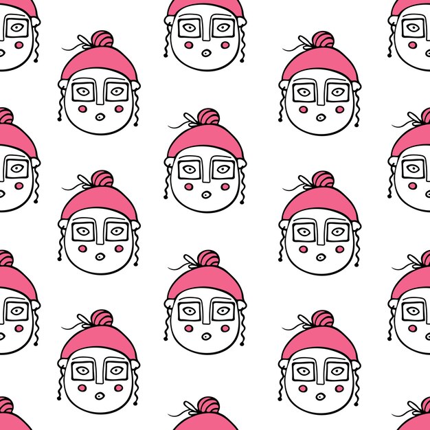 seamless pattern with female faces in doodle style funny human heads