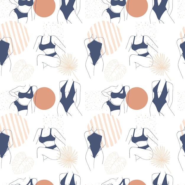 Vector seamless pattern with female figures in swimwear abstract forms boho retro style vector image for textiles and design