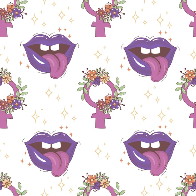 Seamless pattern with female gender symbol and lips in doodle style Feminist print for clothes textiles wrapping paper