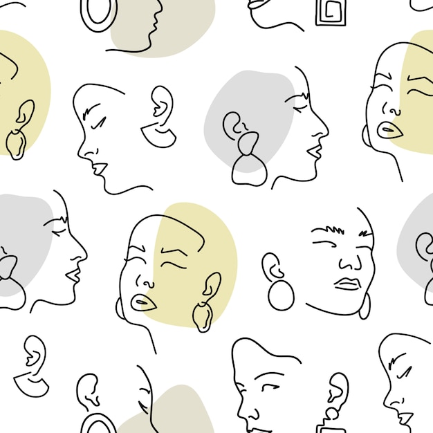 Seamless pattern with female portraits with earrings. line drawing.