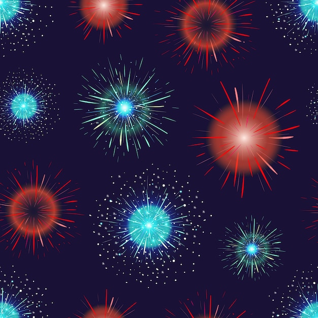 Seamless pattern with festive fireworks displayed in evening sky. Spectacular pyrotechnics show during holiday celebration. illustration for wallpaper, textile print, wrapping paper, backdrop.