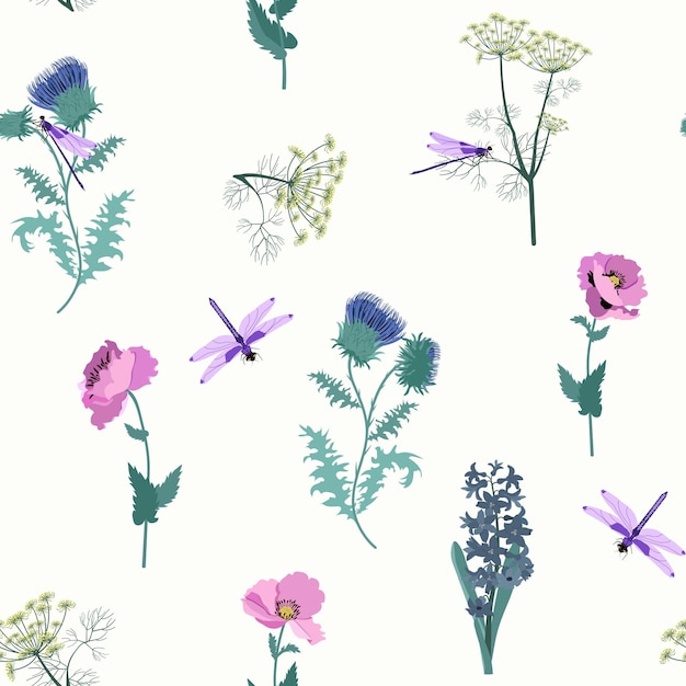 Seamless pattern with field thistle hyacinth poppies and dragonflies