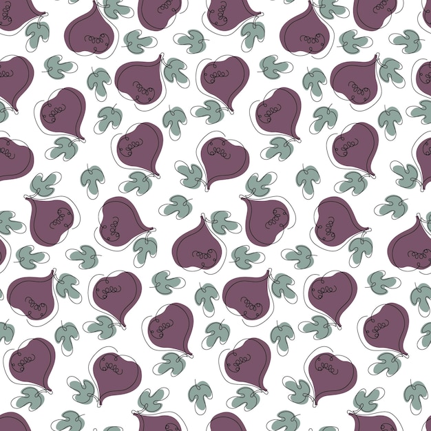 イチジクの果実と葉のシームレスなパターン。白い背景の上のイチジクの果実。繰り返しベクトル