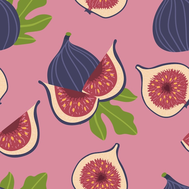 Seamless pattern with figs. whole fig with half. summer background. wallpaper, print, packaging, paper, textile design. flat vector illustration.