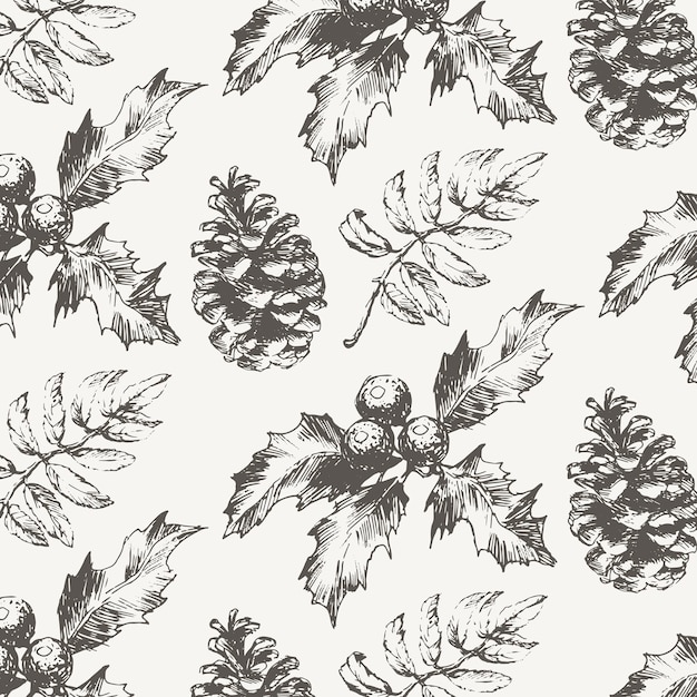 Vector seamless pattern with fir branches, cones and berries.