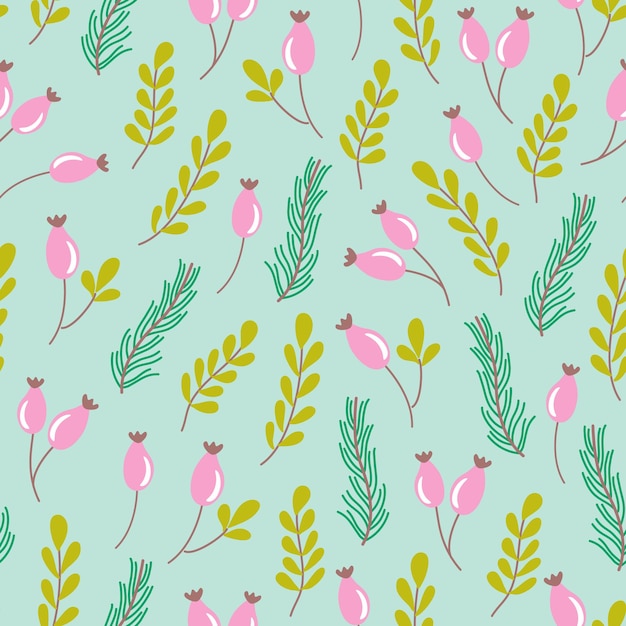 Vector seamless pattern with fir branches, leaves and berries. beautiful plant background. vector illustrat