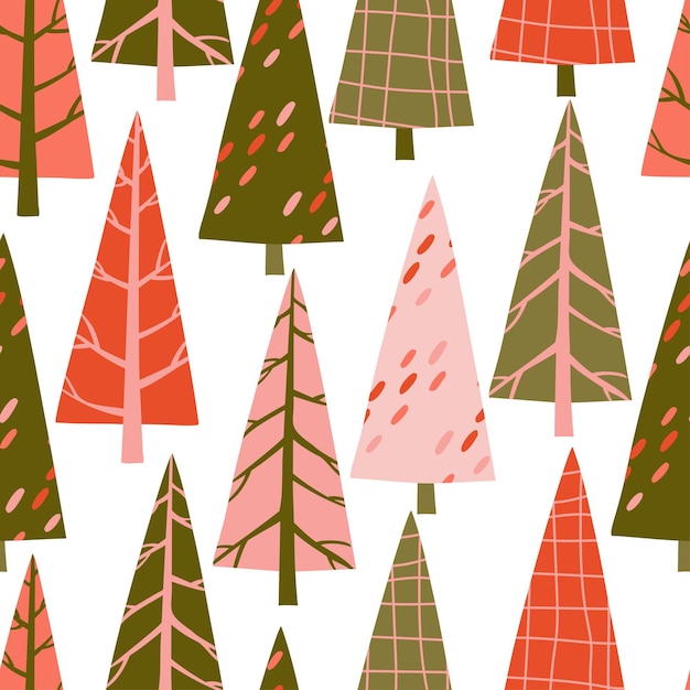 Seamless pattern with fir trees with different textures festive vector handdrawn illustration