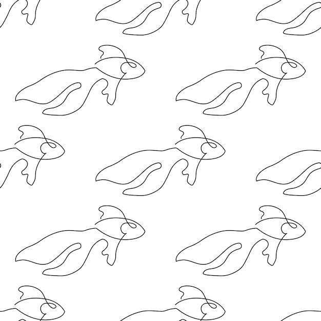 Seamless pattern with fish illustration in line art style on white background