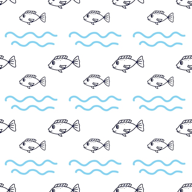 Seamless pattern with fish in the line style Wrapping paper textile texture sea background