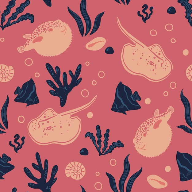 Seamless pattern with fish stingray fugu Ocean life and sea creatures Nautical background