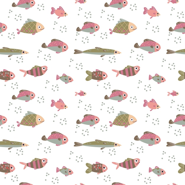 Seamless pattern with fishes in pastel color. Vector illustration in minimalistic flat style.