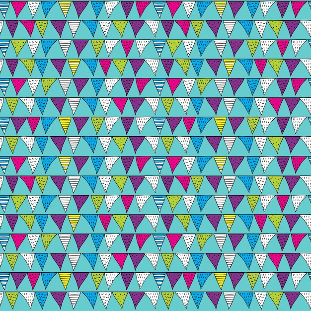 Vector seamless pattern with flags garlands in doodle style simple background with lines dots waves