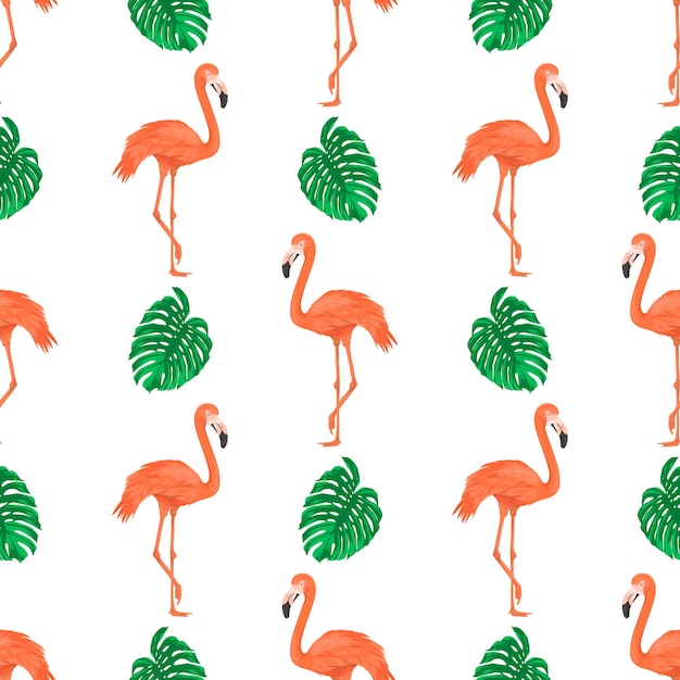 Seamless Pattern with Flamingo Bird and Tropical Leaves Repeated Tropical Background Flat Vector Illustration Africa Savannh Exotic Summer Flamingo Pattern Tropic Concept