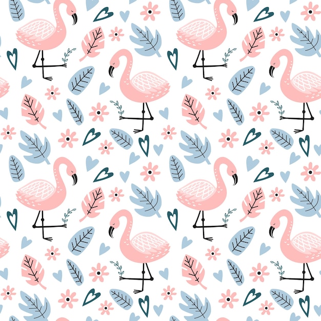 Seamless pattern with flamingo and hand drawn