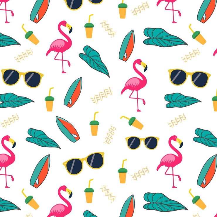 Vector seamless pattern with flamingo sunglasses cocktail and tropical leaves