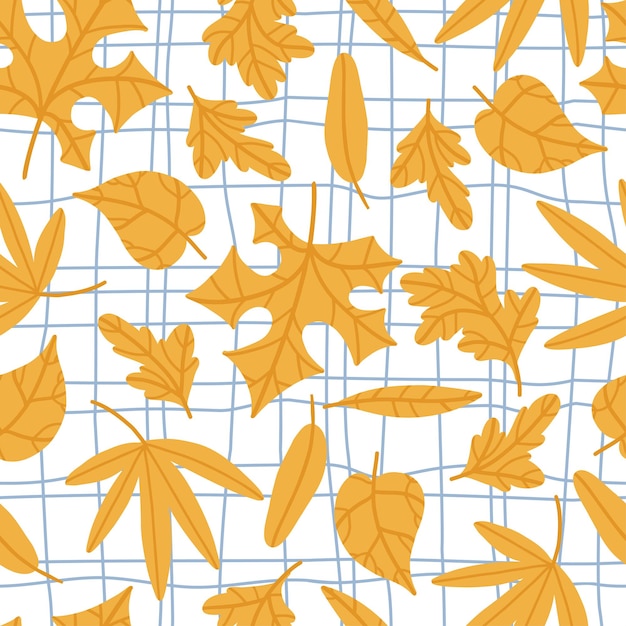 교차 선 체크 무늬 배경의 배경에 평평한 잎이 있는 원활한 패턴