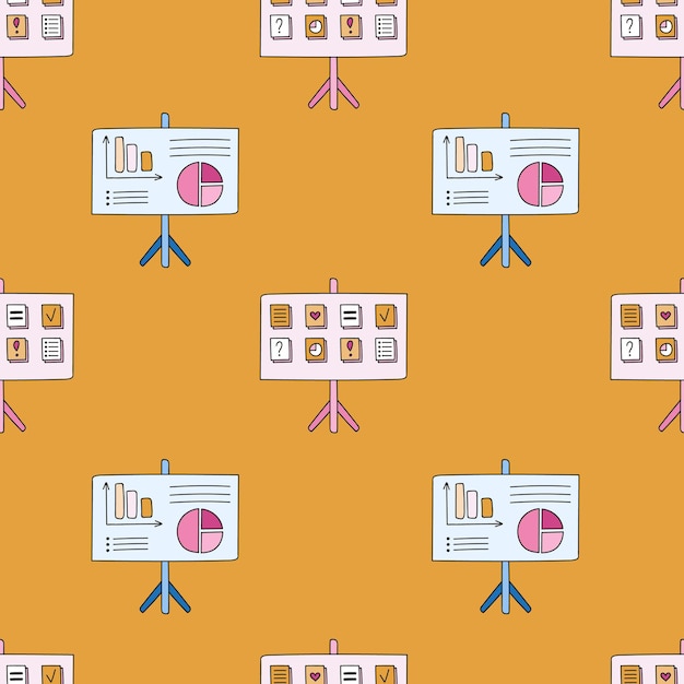 Seamless pattern with flipchart for presentations with charts diagram stickers