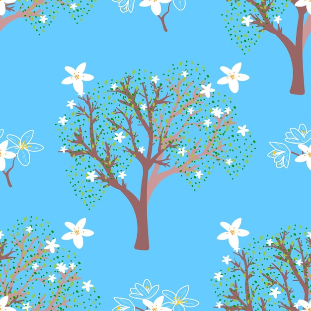 Seamless pattern with floral and herbal elements decorative texture with blooming spring trees