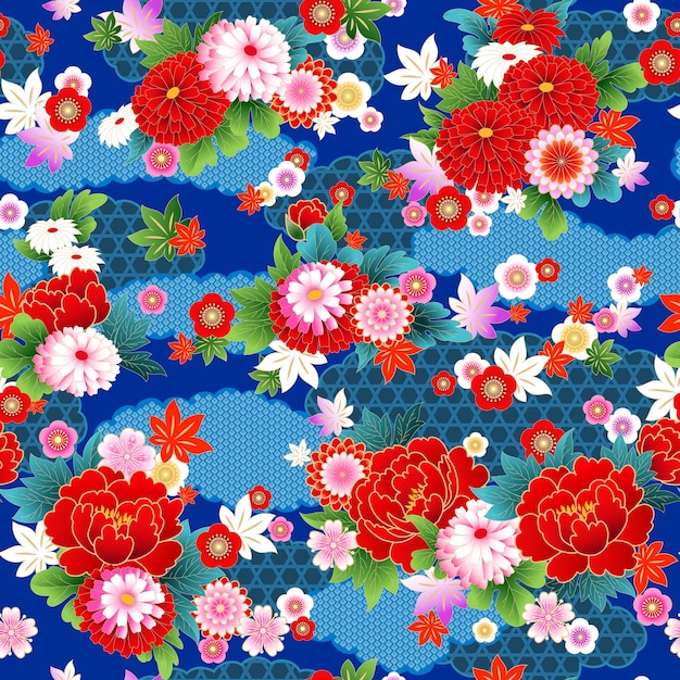 봄 드레스 직물 디자인을 위한 아시아 스타일의 꽃 모티브가 있는 매끄러운 패턴
